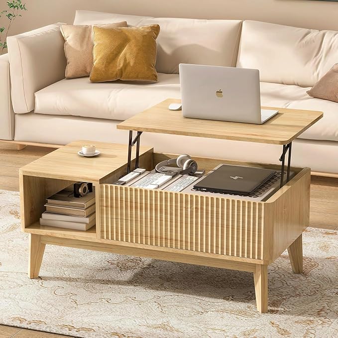 LYNCOHOME Fluted Lift Top Coffee Table with Hidden Compartment, Modern Center Table for Living Room, Home Office, Natural