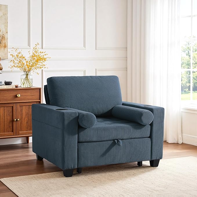 UIXE 3-in-1 Sleeper Chair Pull Out Sofa Bed, Convertible Reclining Seat Upholstered Armchair, Adjustable Backrest Recliner Chair with Side Pockets, Cup Holder & USB Ports - Navy Blue