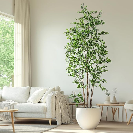 Artificial Ficus Tree Indoor 8ft, Large Potted Faux Tree with Realistic Silk Leaves & Trunk for Home Office, Living Room Corner Decor