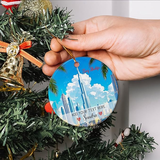 Burj Khalifa Ceramic Christmas Ornament Custom Text/Name, Personalized Burj Khalifa Tower Ornament Xmas Keepsake, Dubai Skyline Christmas Tree Hanging Ornaments, Dubai City in UAE Xmas Ornaments
