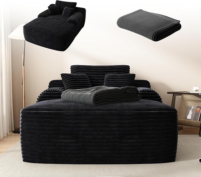 67" Oversized Chaise Lounge Chair with Cover, Comfy Sleeper Sofa Bed, Black Plush Corduory Couch for Living Room,Sofa in A Box,No Assembly Required (Pet Dark Grey Cover).