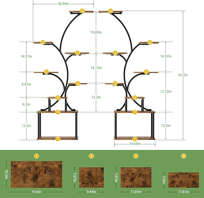 Plant Stand Indoor with Grow Light - 62" Tall Plant Shelf, 8 Tiered Plant Stands for Indoor Plant Multiple, Metal Plant Shelf Display Rack Holder, Flower Stand for Indoor Plants, Living Room, Patio, 2Pack
