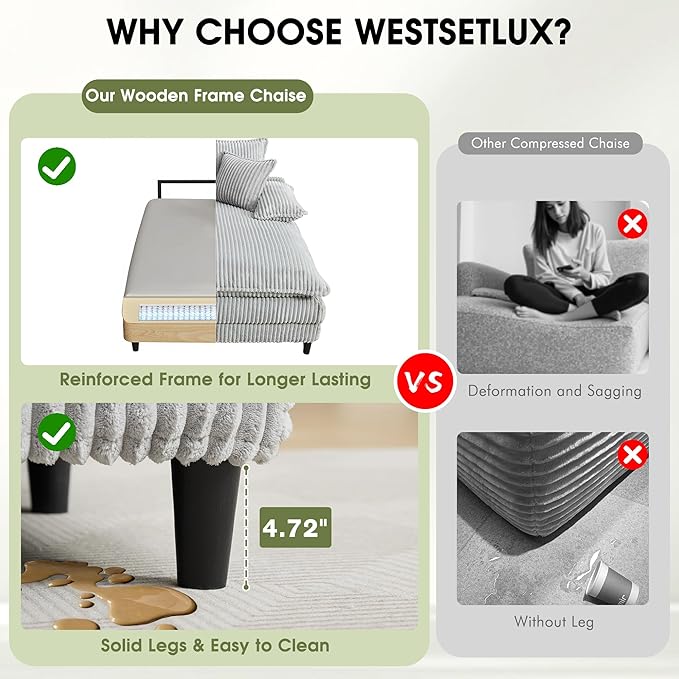 110" W Oversized Double Chaise Lounge Sofa Couch, Corduroy Sleeper Sofa Bed with Adjustable Backrest, Modern Upholstered Cloud Couch with Deep Seat & Pillows for Living Room, Grey