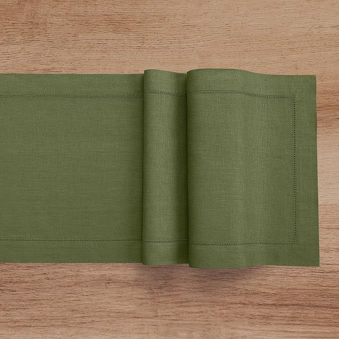 Solino Home Linen Olive Table Runner 108 Inches Long - 100% Pure Linen 14 x 108 Inch Table Runner for Fall, Autumn, Thanksgiving - Classic Hemstitch