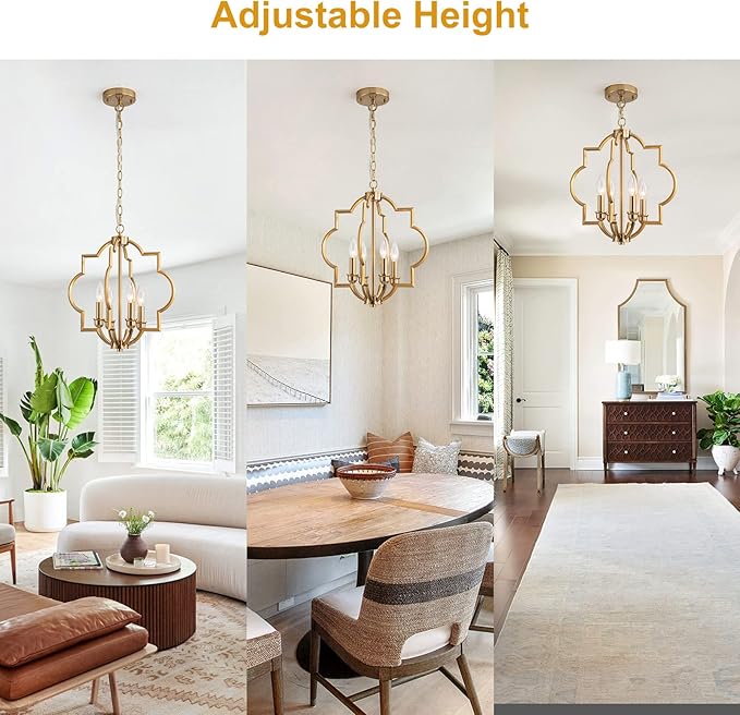 15.6" Brushed Gold Dining Room Light Fixtures Over Table, 4 Light Rustic Orb Geometric Pendant Light, Farmhouse Brass Chandelier for Entryway Foyer Bathroom