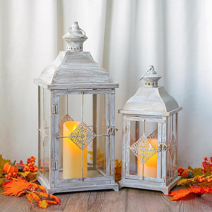 TRIROCKS 20"&15" H Decorative Candle Lantern Set of 2 Outdoor Lantern with Tempered Glass Metal Candle Holder for Porch Ideal for Country Style Gardens Home Decor Indoor Outdoor