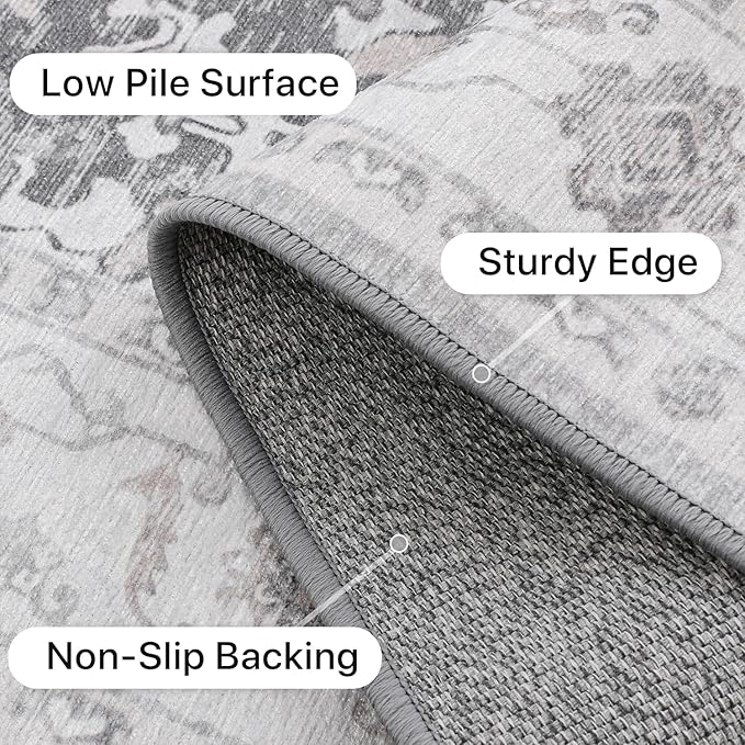 GENIMO Runner Rug 2x7, Non Slip Vintage Machine Washable Hallway Runner, Low Pile Rugs for Living Room, Entryway, Bedroom, Kitchen and Corridor, Gray