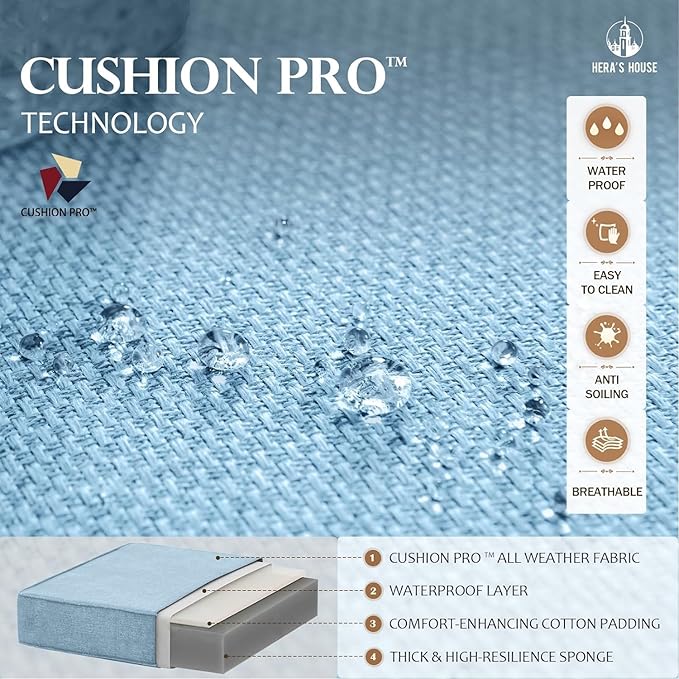 HERA'S HOUSE 6 Piece Patio Furniture Set, 4 x Fixed Metal Cushioned Chair, 1 x 3-Seat Sofa with Marbling Coffee Table, All Weather Outdoor Conversation Set for Lawn Garden Backyard, Blue