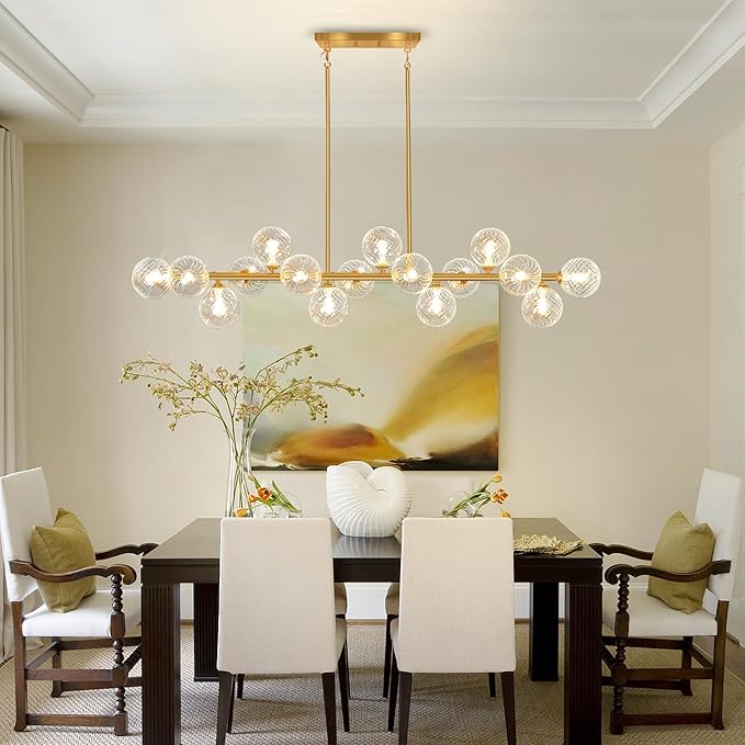 Modern Chandeliers for Dining Room Clear Glass 55" Large Dining Room Light Fixture, Gold Linear Sputnik Chandeliers Farmhouse Chandelier Kitchen Island, Electroplated Brass and Swirled Globe Shade