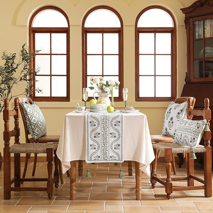 Designer White Elegant Linen Table Runner 102 Inches Long,Chinoiserie Floral Decor Durable Table Runners for Dining Tables,Thanksgiving,Kitchen Tables,Christmas,12"*102"-Mosella D