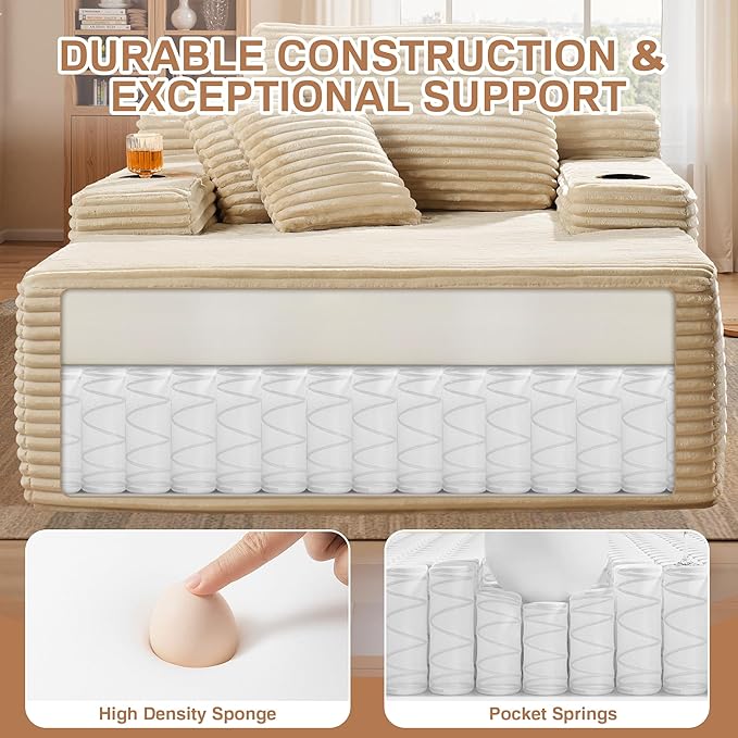 Chaise Lounge Chair Indoor, 67" Oversized Comfy Plush Fur Sleeper Sofa Bed with Cup Holders and Wide Armrests, Boneless Upholstered Recliner Bed, Modern Cloud Couch for Living Room, Beige