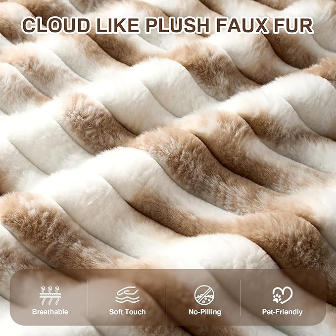 Chaise Lounge Chair Indoor, 67" Oversized Comfy Faux Fur Sleeper Sofa Bed, Boneless Upholstered Recliner Bed with Pillows and Wide Armrests, Modern Cloud Couch for Living Room, Brown+White