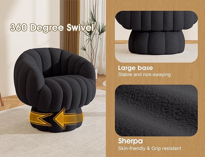 Mid Century Modern 360 Degree Barrel Swivel Accent Sofa Chair,Fluffy Sherpa Fabric Lounge Wide Upholstered Pumpkin Reading Chair, Round Cloud Armchair for Living Room,Bedroom,Vanity(Black)