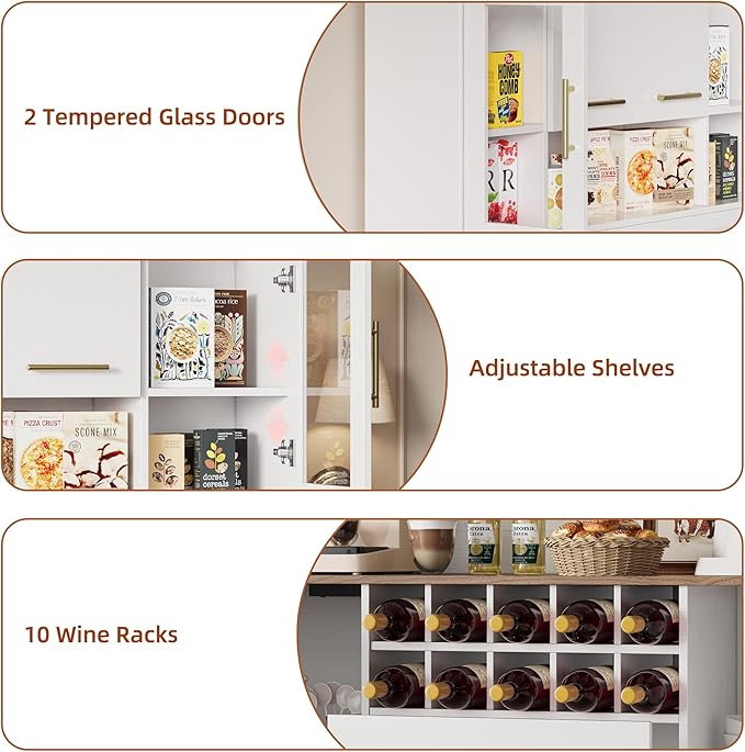 71” Kitchen Pantry Storage Cabinet with Microwave Stand, Freestanding Kitchen Hutch Cabinet with 10 Wine Racks, 5 Cabinets & 2 Drawers, 6 Doors Modern Food Pantry Coffee Bar Hutch White