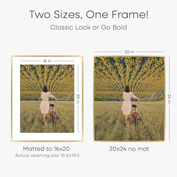 Homeforia 20x24 Picture Frame Gold, High End Metal 24x20 Frames for Wall, 20x24 Gold Frame Matted to 16x20 Print, 20 x 24 Poster Large Frame with Mat 16 by 20 Photo, Tempered Glass, Wall Kit, Set of 4