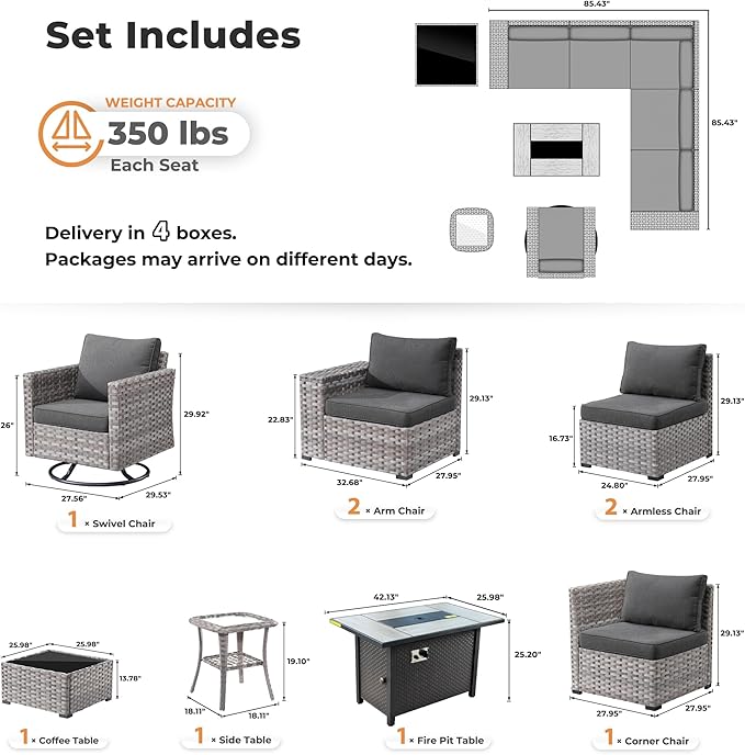 ovios 9 Pieces Patio Furniture Set, Outdoor Wicker Sectional Sofa with 42" Firepit Table Swivel Chair, Modern Modular Deep Seat Rattan Couch Conversation Sets, Black