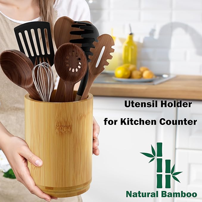 Bamboo Utensil Holder, Kitchen Utensil Holder for Countertop, 360°Rotating Cooking Utensil Crock for Kitchen Counter, 7.2" Large Utensil Organizer for Spatula