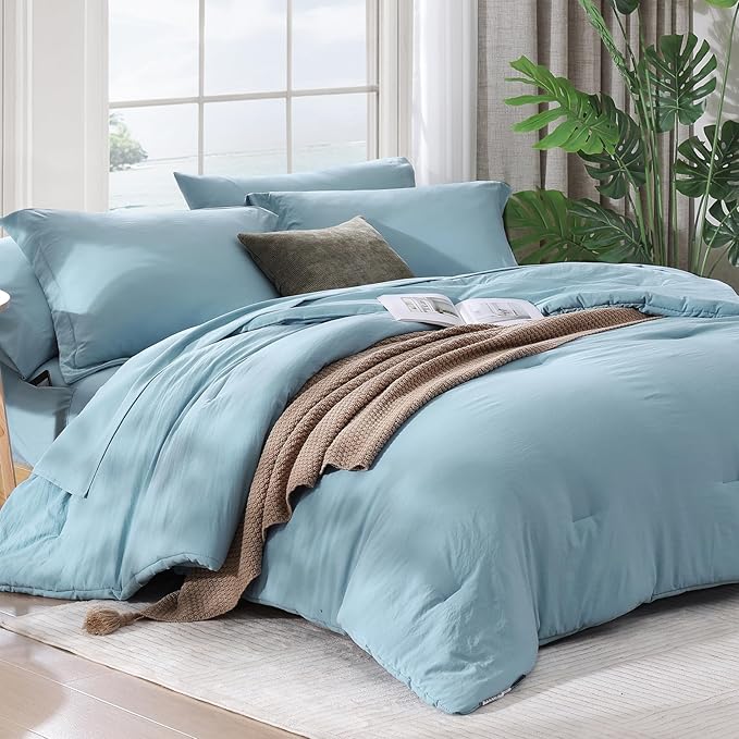 WRENSONG Full Size Comforter Sets- 7 Pieces Soft Blue Bed in a Bag with Fitted Sheet, Flat Sheet, 2 Pillow Shams, 2 Pillowcases, Warm Bedding Sets for All Season