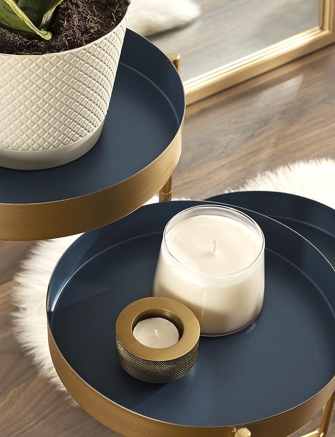 Kate and Laurel Finn Tri-Level Plant Stand; 16 x 21 x 30; Navy and Gold; Decorative Metal Plant Stands for Indoor Plants