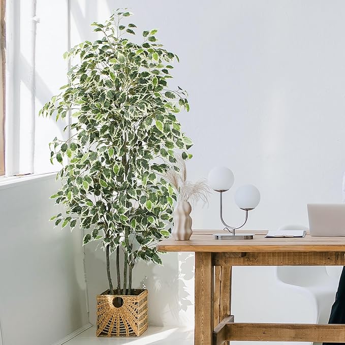 6 FT Artificial Ficus Tree 600 Leaves Faux Plants Indoor Tall with Black Pot Large Fake Tree for Home Office Living Room Decor