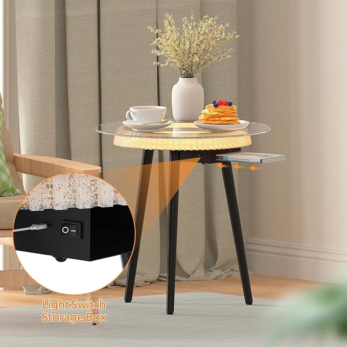 Bigbiglife Small Coffee Table with Led Light, Luxury Round Table with 3D Mirror, Glass Side Table for Appartment Home Living Room