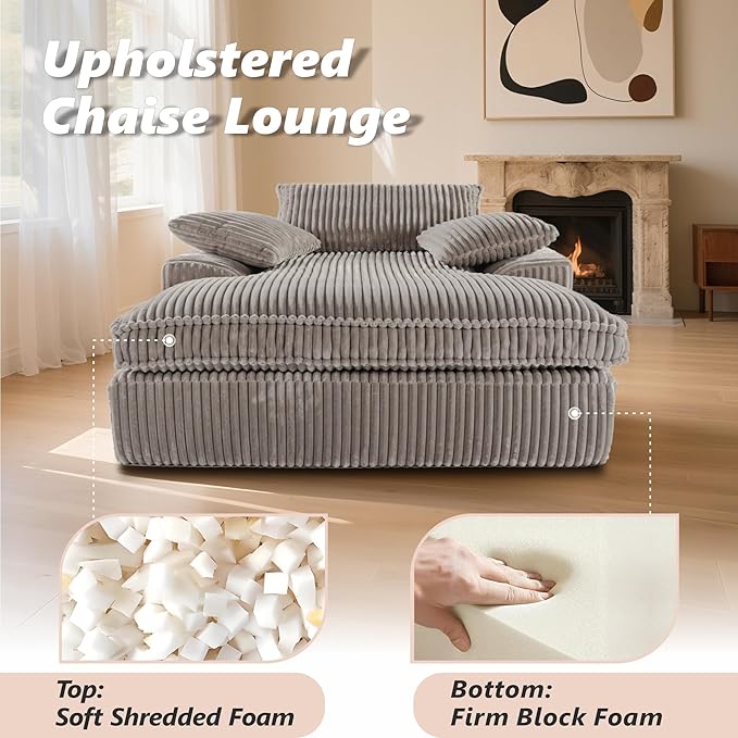 Oversized 67" Chaise Lounge Chair Indoor, Corduroy Upholstered Deep Seat Sofa Couch, Cloud-Soft Boneless Lounger, Comfy Reading Chairs for Living Room & Bedroom, No Assembly Required (Grey)