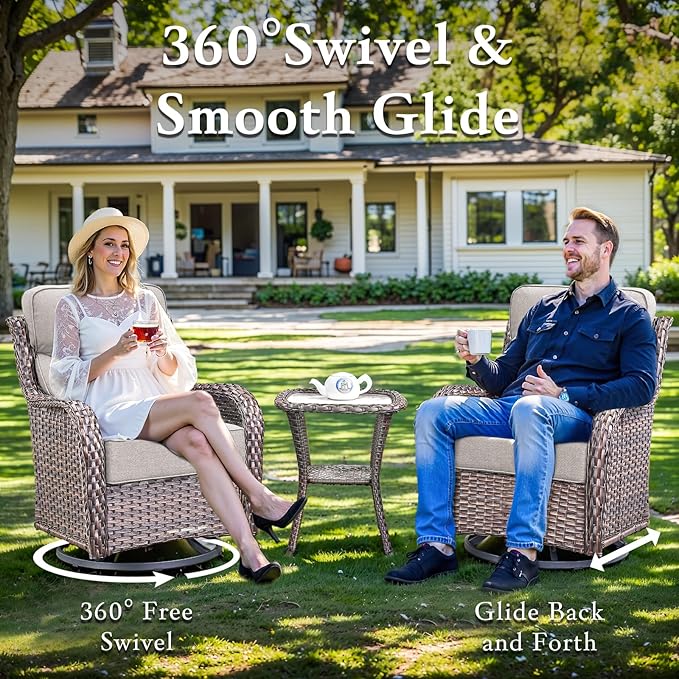 Luxury High Back Outdoor Furniture with 6-inch Extra Thick Cushions, Patio Furniture Set with Swivel Chairs, 8 PCS Wicker Conversation Set for Yard, Deck, Poolside, Brown/Beige