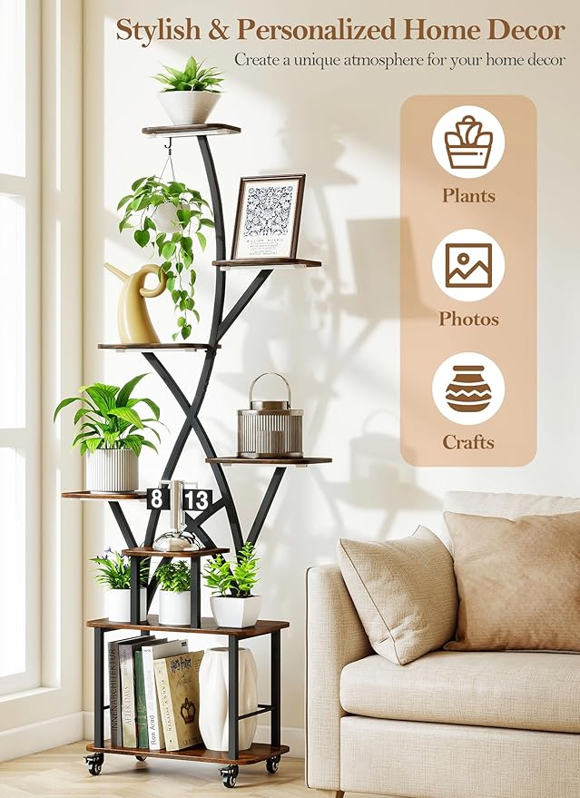 Plant Stand Indoor with Grow Lights 64" Tall Plant Shelf with Wheel Lighted Corner Plant Stands for Indoor Growing Multiple Metal 8 Tiered Large Flower Holder Plant Rack for Home Patio Balcony