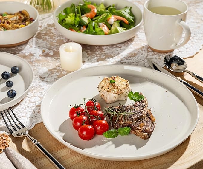 AmorArc 24 Pieces Ceramic Dinnerware Sets for 6, Handpainted Plates and Bowls Set with Rustic Terracotta Underside, Scratch Resistant Stoneware Dishes Set, Dishwasher & Microwave Safe, Light Beige