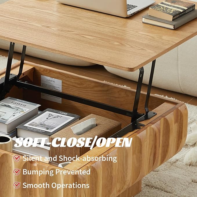 31" Lift Top Coffee Table for Living Room, Fluted Coffee Table with Hidden Storage, Mid Century Modern Solid Wood Veneer Square Center Table for Office Apartment Small Space, Natural