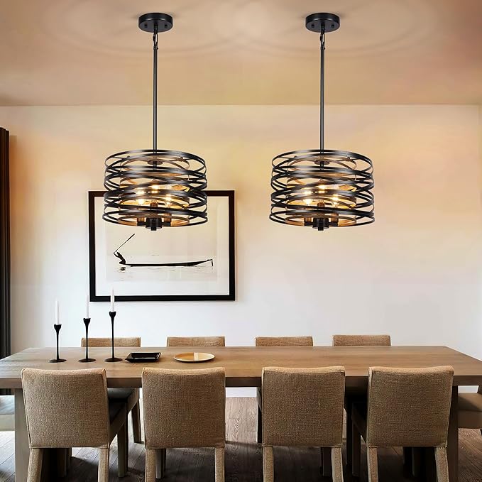 3-Light Dining Room Chandelier，12.6" Rustic Black Drum Chandeliers，Wood Grain and Vintage Light Fixture for Kitchen Entryway Living Room