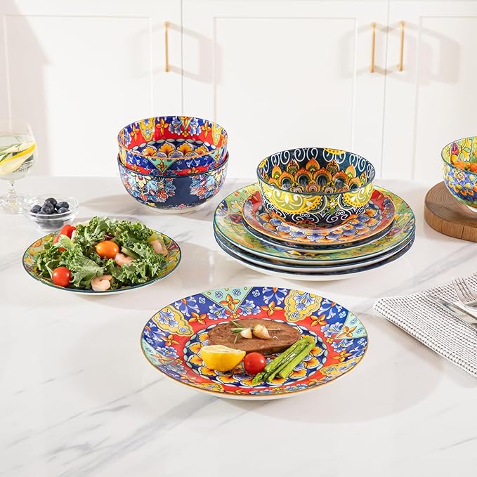 Sweejar Ceramic Dinnerware Sets for 8,24 Pieces Boho Plates and Bowls for Kitchen,Housewaring Gift,Bohemian Style Dish Set,Dishwasher and Microwave Safe(Colorful)
