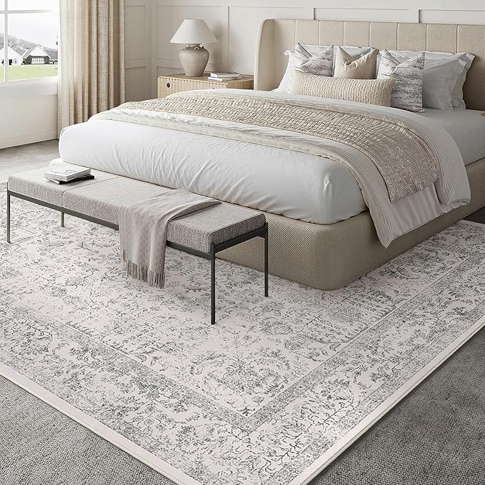 Gray Area Rug 8x10 Machine Washable Large Vintage Living Room Distressed Non Slip Carpet Traditional Indoor Bedroom Grey Retro Floral Accent Throw Rug for Office Kitchen Dining Room