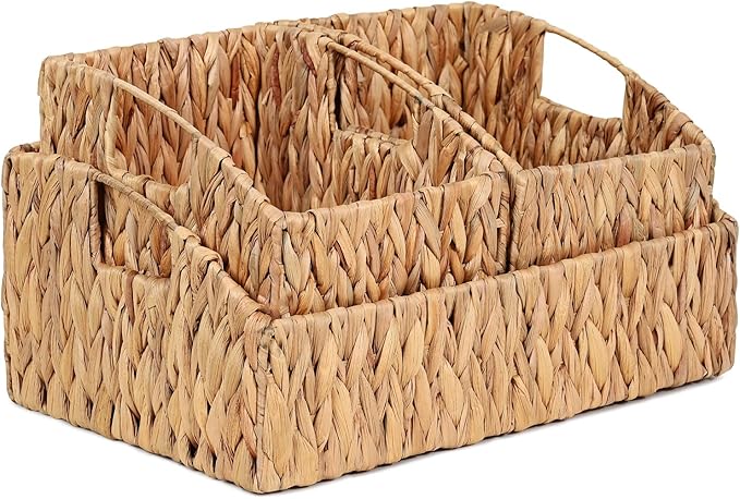 Ollieroo Natural Water Hyacinth Storage Baskets, Handwoven Wicker Storage Bins with Built-in Handles, Storage Container Baskets for Shelves, Bedroom, Bathroom, Laundry Room or Kitchen(Set of 3)