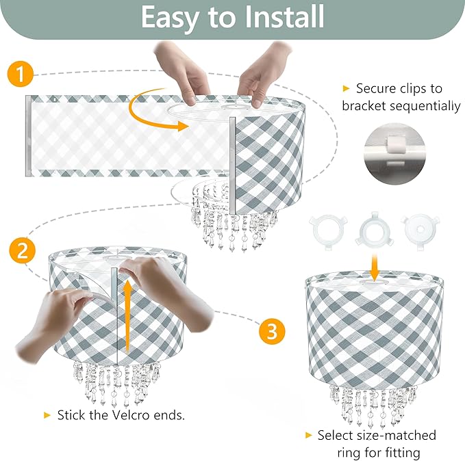 Star Vision Checkered Drum Fabric Lampshade with Crystal Beaded Droplets, Farmhouse Chic Light Shade for Pendant Table Wall & Floor Lamps, Neutral Home Decor for Bedroom Living Room Entryway