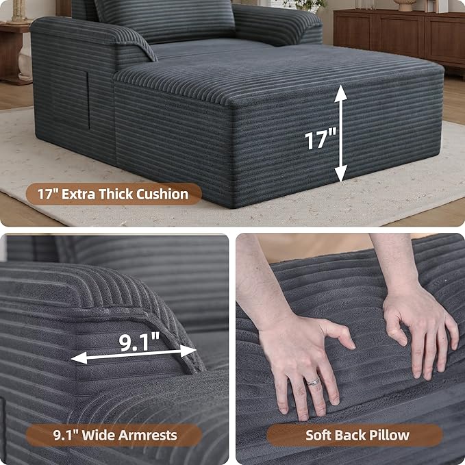 Claiks 68" Oversized Chaise Lounge Chair Indoor, Corduroy Upholstered Boneless Sofa Bed, Deep Seat Sleeper Couch with Pillows and Armrest, Cloud Sofas Reading Chair for Living Room, Dark Gray