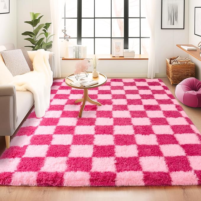 Checkered Rugs for Bedroom, Ultra Fluffy Fuzzy Shag Area Rug for Living Room 5x7, Modern Plush Soft Upgrade Non-Slip Carpet for Girls and Kids Room Dorm Nursery Home Decor, Pink and Hot Pink