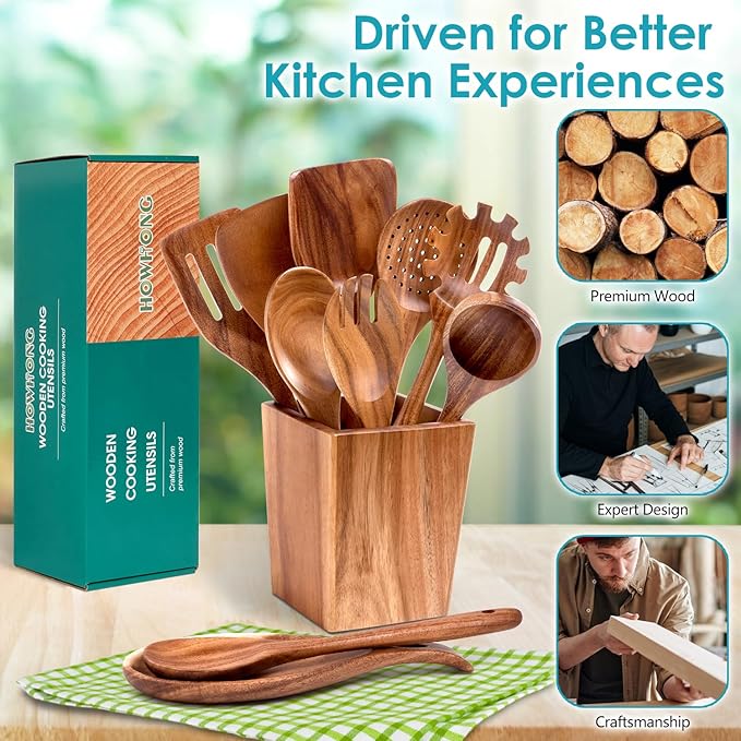 Wooden Cooking Utensils Set for Kitchen – 11-Piece Acacia Wood Spoons and Spatulas with Holder and Spoon Rest, Durable Wooden Spoons for Cooking, Nonstick Cookware Safe by Howhong