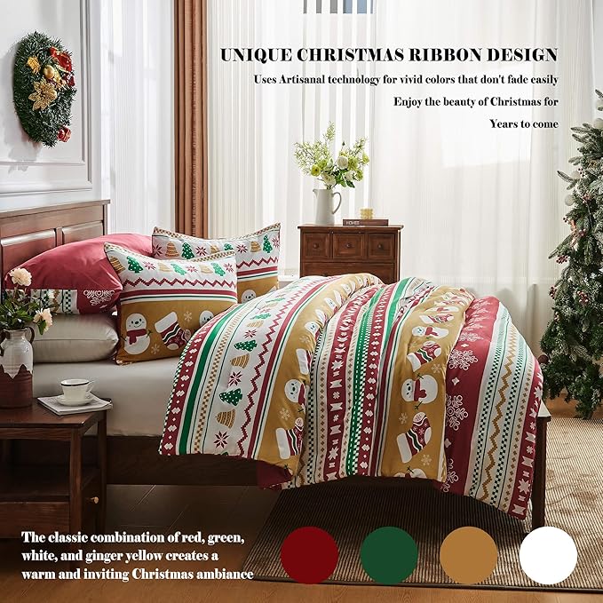 Bonlino Christmas Queen Comforter Set - 4 Pieces Christmas Fluffy Bedding Sets, Farmhouse Queen Size Bed with Boho Lightweight Bedding Xmas Red Striped Comforter Set