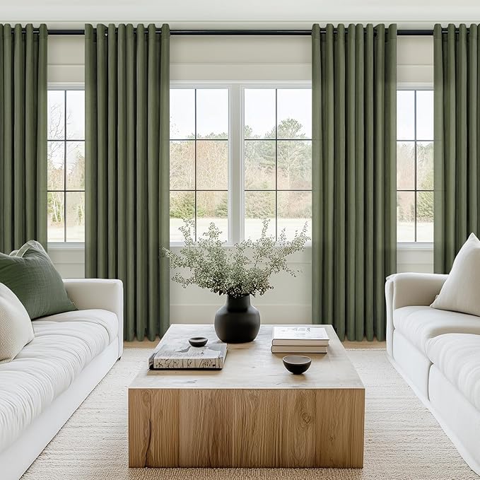 Topfinel Linen Sheer Curtains 96 Inches Long for Living Room Bedroon Aesthetic Pleated Drapes with Grommet Light Filtering Ceiling Floor Custom Made Memory Trained Curtain Loden Olive Green