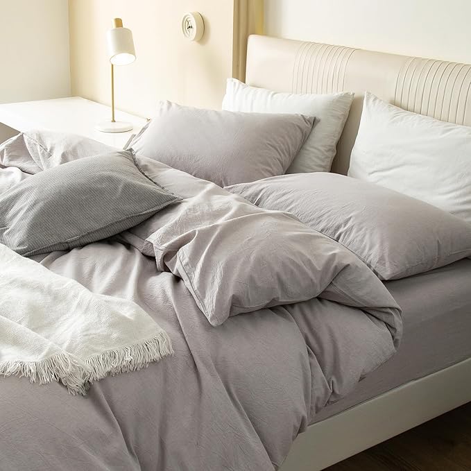 JIYUAN 100% Washed Cotton Duvet Cover Set 3 Pieces King, 1 Duvet Cover 104x90 Inches(Comforter Not Included) and 2 Pillowcases,Linen Feel Bedding Set Comfy and Breathable, Heathered Linen