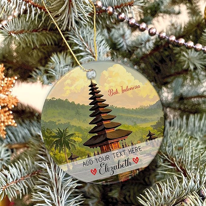 Customized Text/Name Bali Indonesia Ceramic Ornament Christmas 2025, Personalized Bali Landscape Christmas Ornament Keepsake, Ulun Danu Beratan Temple Xmas Ornaments Gifts for Travel Lover Men Women