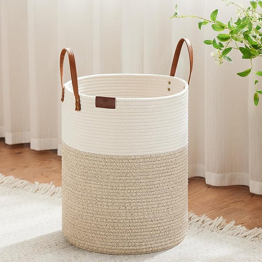 VIPOSCO Tall Laundry Basket, Large Dirty Clothes Hamper with Leather Handle, Woven Rope Storage Basket for Blanket, Toy In Living Room, Bathroom, Bedroom - 53L White & Brown