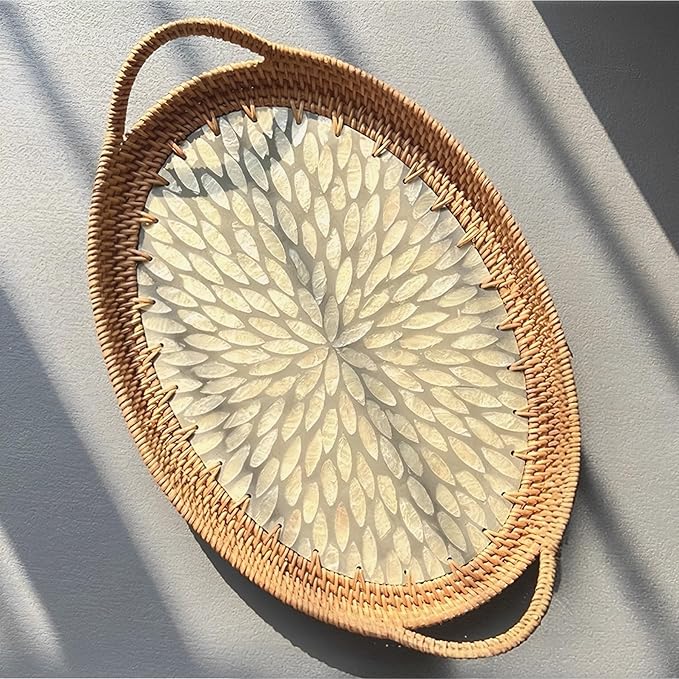 I-LAN 15 Inch Oval Rattan Woven Tray Basket with Beige MOP Wooden Base and Handles, Boho Wicker Coffee Table Serving Tray Décor with 2 Inch Wall, Handmade Display Basket for Countertop, L