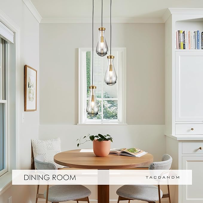 3-Light Raindrop Pendant Light Fixtures, Brass Glass Pendant Lighting, Teardrops Modern Hanging Light for Entryway Foyer Kitchen Island Dining Living Room Hallway