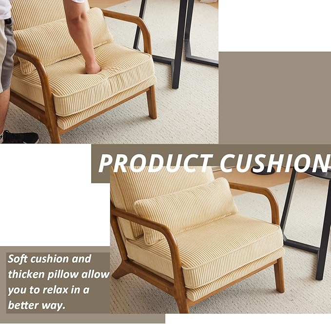 Karl home Mid-Century Modern Accent Chair, Living Room Chairs with Pillow Corduroy Upholstered Lounge Armchair with Solid Wood Frame & Soft Cushion for Bedroom, Reading Room, Beige & Yellow