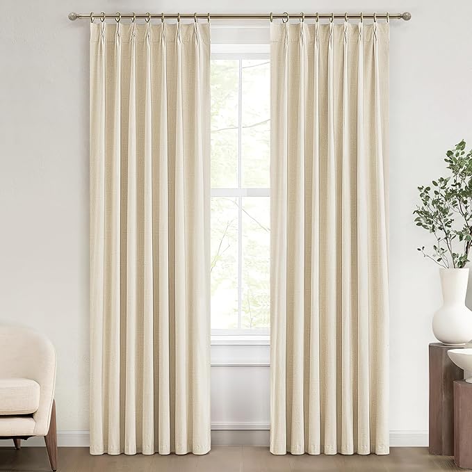 Pinch Pleated Linen Curtains with Hooks and Rings Blackout Curtains 102 Inches Long Custom 8-1/2ft Tall Privacy Window Treatments Beige Wheat Oatmeal Aesthetic Drapes for Bedroom 2 Panels Burg