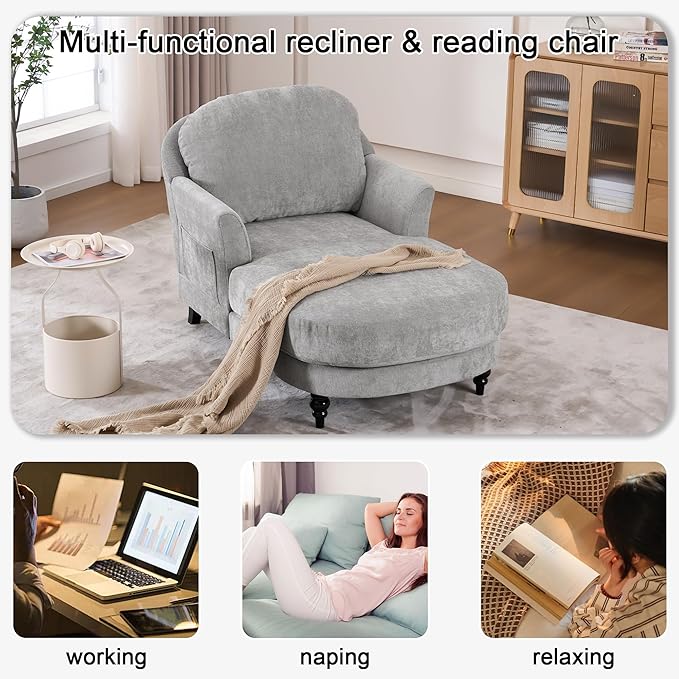 Chaise Lounge Chair Indoor, 59.8" Oversized Couch Reading Chairs，Chenille Comfortable Deep Sleeping Single Sofa, Upholstered Modern Couch Sofa Bed for Living Room, Bedroom & Apartment (Grey)
