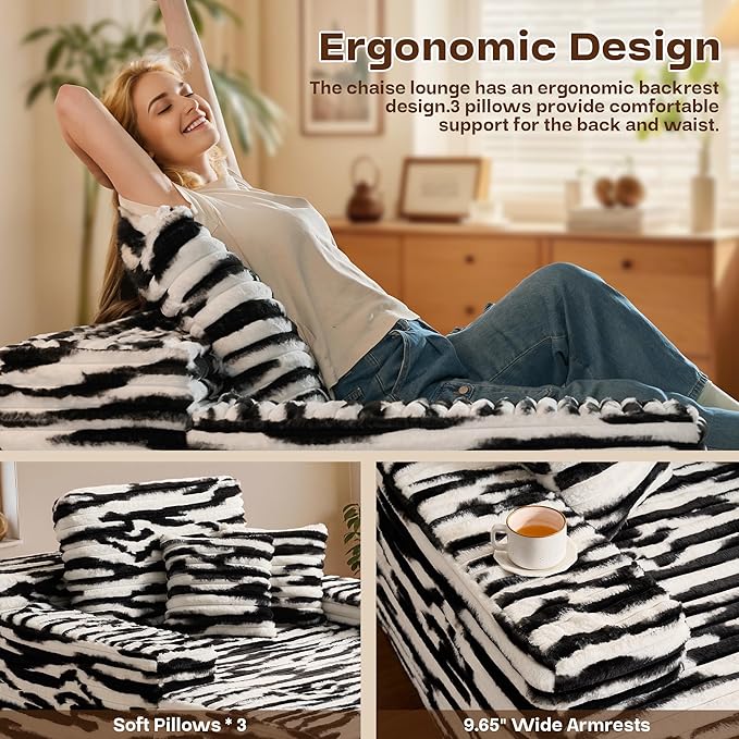 Chaise Lounge Chair Indoor, Oversized Sleeping Couch 67" L * 48.5" W Assembly Free Modern Minimalist Sofa, Extra Deep Large Single Seat Sofa for Living Room (Black&White Plush)