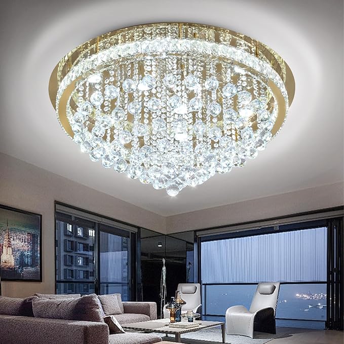 Dia 32" Modern Crystal Chandeliers for Living Room LED Dimmable Raindrop Chandelier Gold Ceiling Pendant Light with Remote Flush Mount Crystal Ceiling Light for Dining Room Bedrooms Foyer